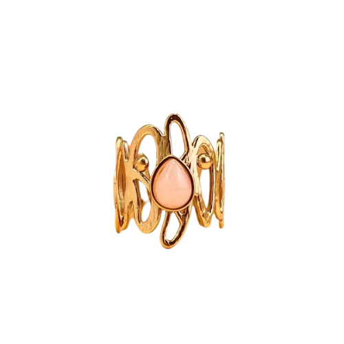 Verstelbare stainless steel ring met ovale vormen en een centrale roze steen – elegante en moderne damesring