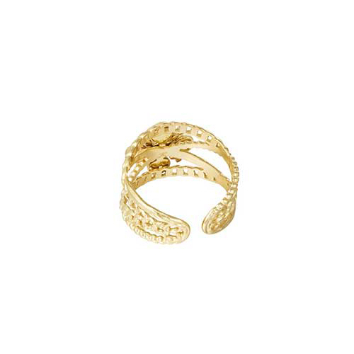 Goudkleurige stainless steel ring met vijf groene natuurstenen in plusvorm, gedetailleerd ontwerp, ook aan de binnenkant.