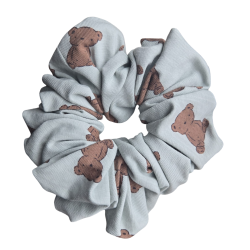 Handgemaakte katoenen scrunchie met dierenprint - teddybeertjes op een mintgroene achtergrond, stevige grip voor het haar