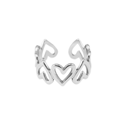 Zilverkleurige verstelbare ring met open hartjesdesign van roestvrij staal – romantische en tijdloze sieradenaccessoire voor dames