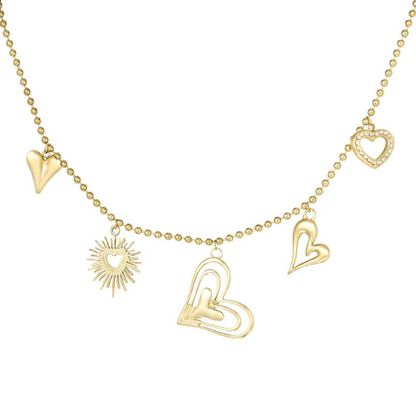 Goudkleurige bedelketting Devine Bond versierd met diverse hartjesbedels, ook met zirkonia - gemaakt van Stainless Steel