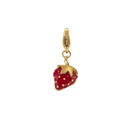 Goudkleurige aardbeien charm om aan je bedelketting te hangen
