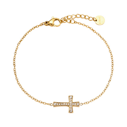 Goudkleurige Cross armband met zirkonia steentjes – minimalistische damesarmband met elegant kruisje van roestvrij staal