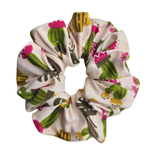 Handgemaakte cactus scrunchie van katoen, schattige roze haaraccessoire met cactussen en roze/gele potten, stevige grip voor het haar