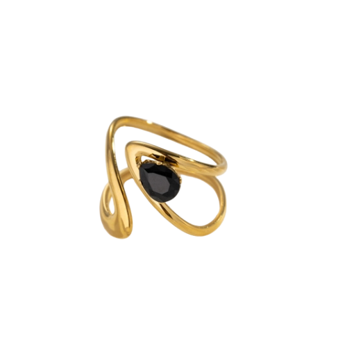Goudkleurige verstelbare stainless steel ring met een zwart gekleurde steen – opvallende en stijlvolle damesring