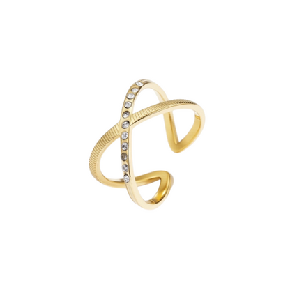 Goudkleurige verstelbare ring ingelegd met zirkonia stenen - van stainless steel