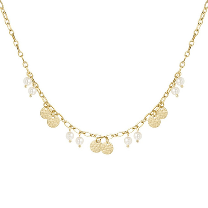 Trendy goudkleurige ketting van stainless steel met munten en parels, perfecte accessoire voor elke outfit