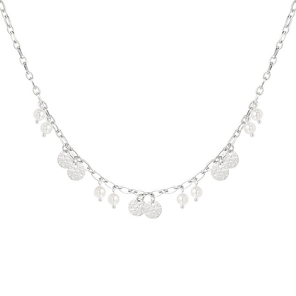 Trendy zilverkleurige ketting van stainless steel met munten en parels, perfecte accessoire voor elke outfit