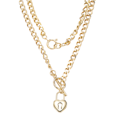 Dubbele goudkleurige ketting met grove schakels en hartslot bedel – stijlvolle statement ketting voor dames