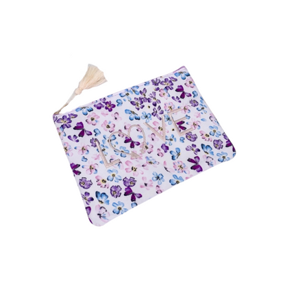 Schattig make-uptasje met bloemen en LOVE met roze kwastje - ideaal voor de vakanties of in de handbagage