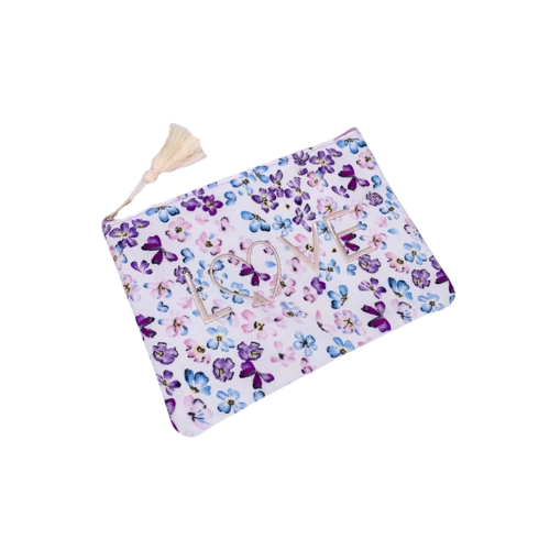 Schattig make-uptasje met bloemen en LOVE met roze kwastje - ideaal voor de vakanties of in de handbagage