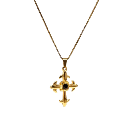 Goudkleurige kruis ketting met zwarte steen - stijlvolle kruisjesketting voor dames