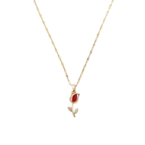 Goudkleurige bloemenketting met rood accent en zirkonia blaadjes - gekleurde, luxe damesketting