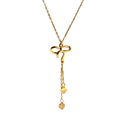 Goudkleurige strik ketting met hartjes aan de ketting - stainless steel - vrolijke strikjes ketting