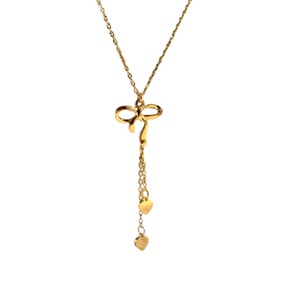 Goudkleurige strik ketting met hartjes aan de ketting - stainless steel - vrolijke strikjes ketting