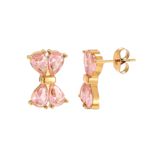 Shiny Bow Studs oorbellen in goud met roze strikvormige stenen – elegante oorstekers, ook verkrijgbaar in wit en te combineren met de Pink Bow Armband