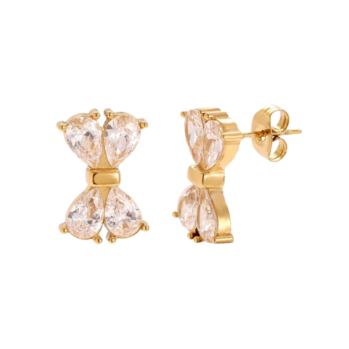 Shiny Bow Studs oorbellen in goud met witte strikvormige stenen – elegante oorstekers, ook verkrijgbaar in roze
