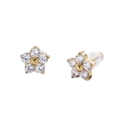 Goudkleurige bloemen oorknopjes met zirkonia - luxe dames oorbellen