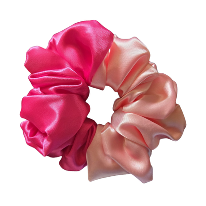 Two toned satijnen scrunchie in fuchsia met roze, luxe handgemaakte haaraccessoires met zijdezachte glans voor dagelijks gebruik en slapen