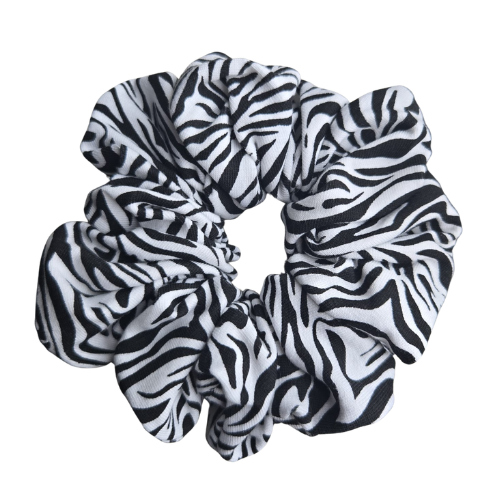Handgemaakte katoenen scrunchie met dierenprint - zwart met witte zebra strepen, stevige grip voor het haar